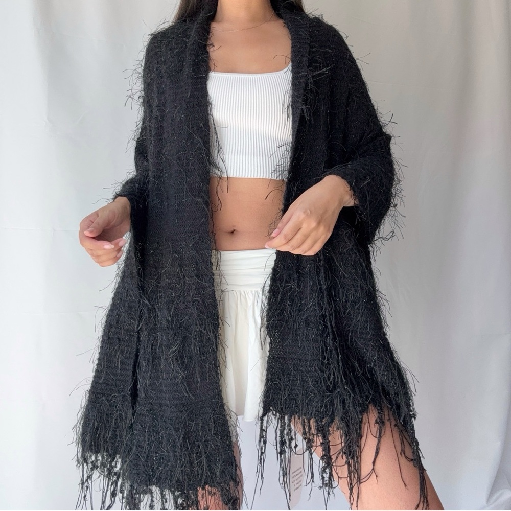 Large Black Knit Furry Shawl
